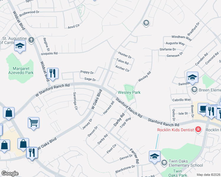 map of restaurants, bars, coffee shops, grocery stores, and more near 5401 Rock Field Court in Rocklin