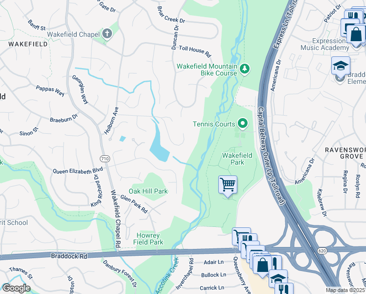 map of restaurants, bars, coffee shops, grocery stores, and more near 8265 Private Lane in Annandale