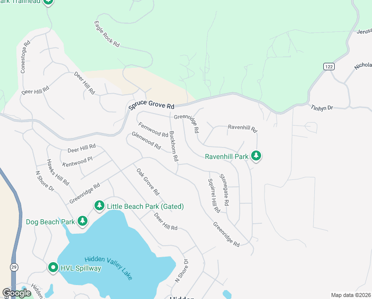 map of restaurants, bars, coffee shops, grocery stores, and more near 18920 Coyle Springs Road in Hidden Valley Lake