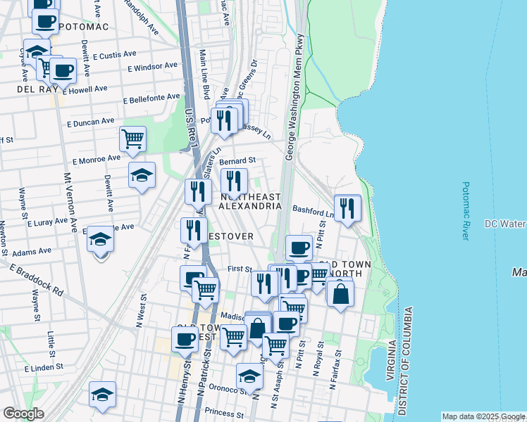 map of restaurants, bars, coffee shops, grocery stores, and more near 1222 Michigan Court in Alexandria