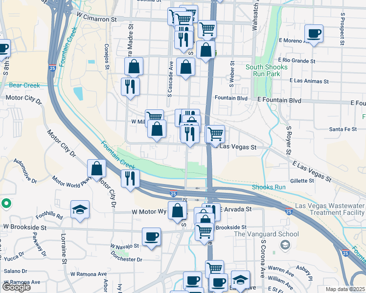 map of restaurants, bars, coffee shops, grocery stores, and more near 1102 South Tejon Street in Colorado Springs