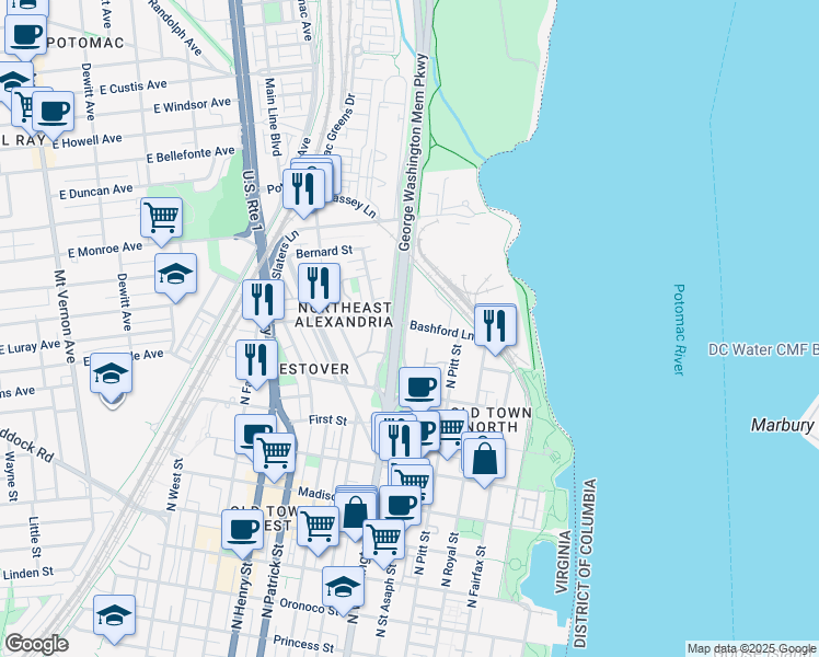 map of restaurants, bars, coffee shops, grocery stores, and more near 612 Bashford Lane in Alexandria