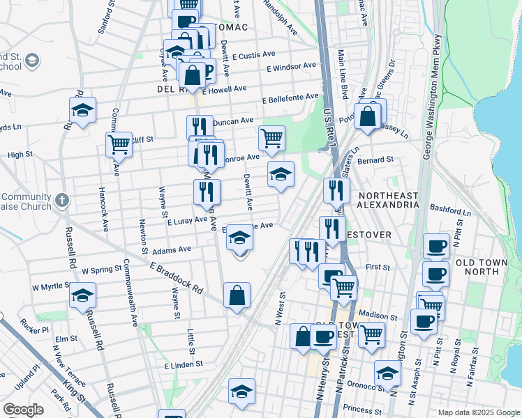 map of restaurants, bars, coffee shops, grocery stores, and more near 516 East Luray Avenue in Alexandria
