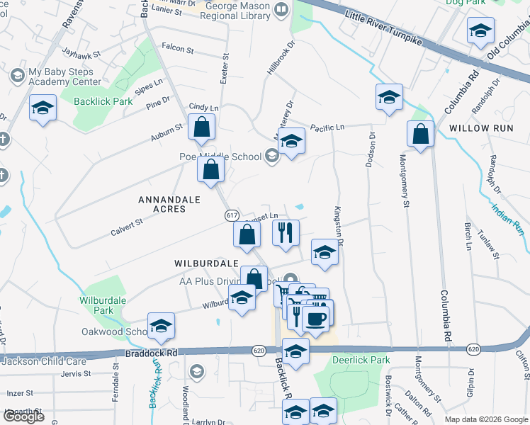 map of restaurants, bars, coffee shops, grocery stores, and more near 4928 Van Masdag Court in Annandale