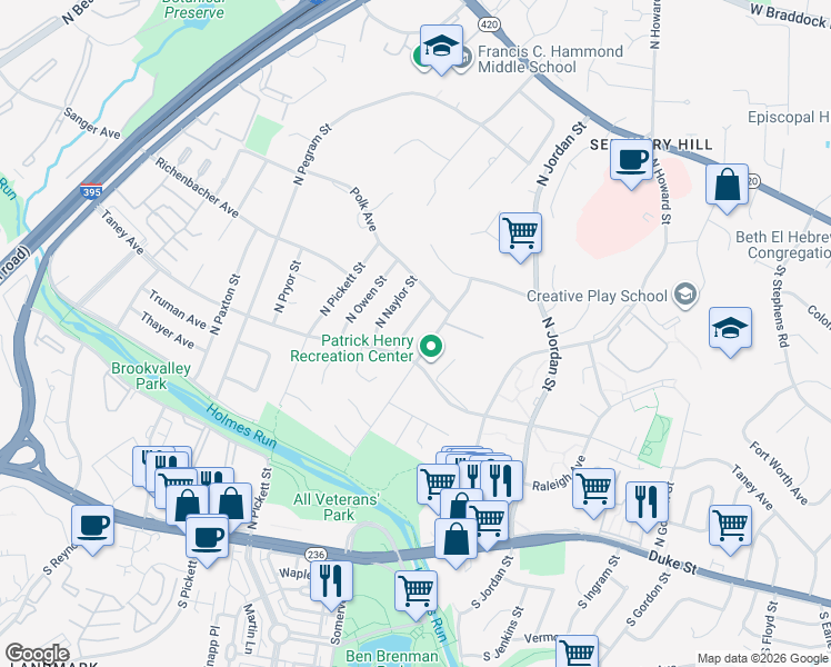 map of restaurants, bars, coffee shops, grocery stores, and more near 601 North Mansfield Street in Alexandria