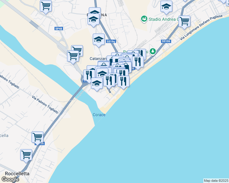 map of restaurants, bars, coffee shops, grocery stores, and more near 65 Via Lungomare Stefano Pugliese in Catanzaro