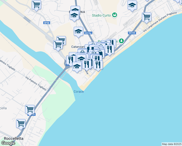 map of restaurants, bars, coffee shops, grocery stores, and more near 65 Via Lungomare Stefano Pugliese in Catanzaro