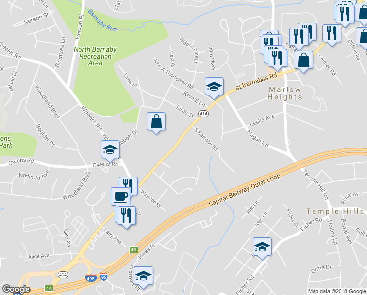 map of restaurants, bars, coffee shops, grocery stores, and more near 5154 Saint Barnabas Road in Temple Hills