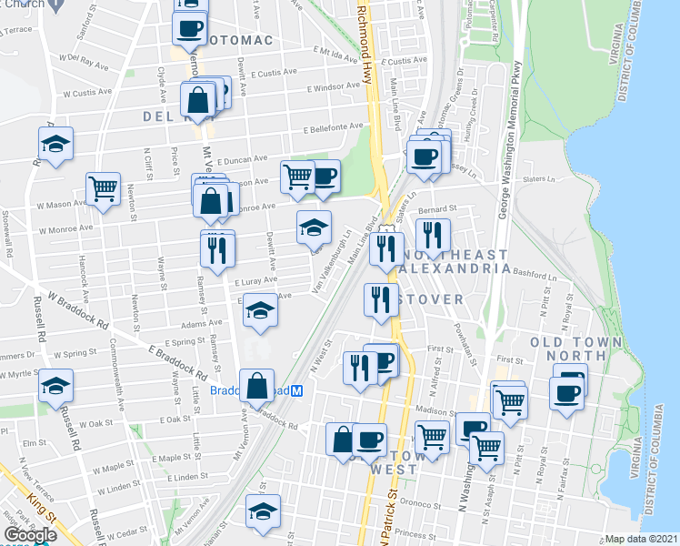 map of restaurants, bars, coffee shops, grocery stores, and more near 1314 Main Line Boulevard in Alexandria
