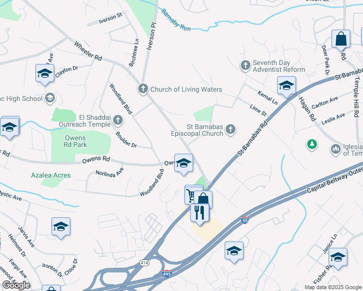 map of restaurants, bars, coffee shops, grocery stores, and more near 5201 Wheeler Road in Oxon Hill