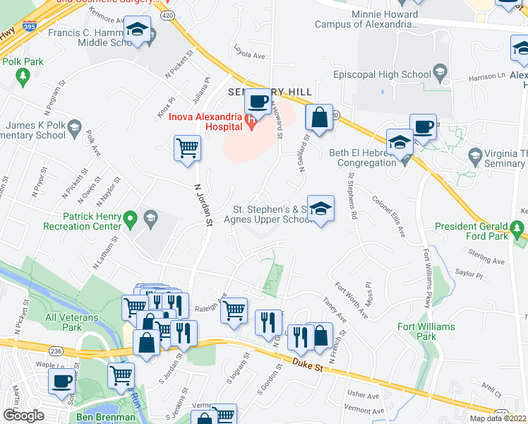 map of restaurants, bars, coffee shops, grocery stores, and more near 801 North Howard Street in Alexandria