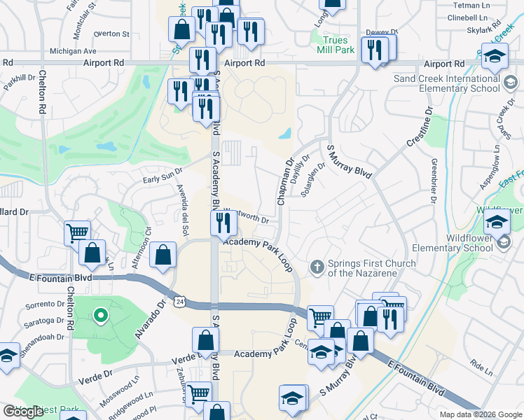 map of restaurants, bars, coffee shops, grocery stores, and more near 944 Chapman Drive in Colorado Springs