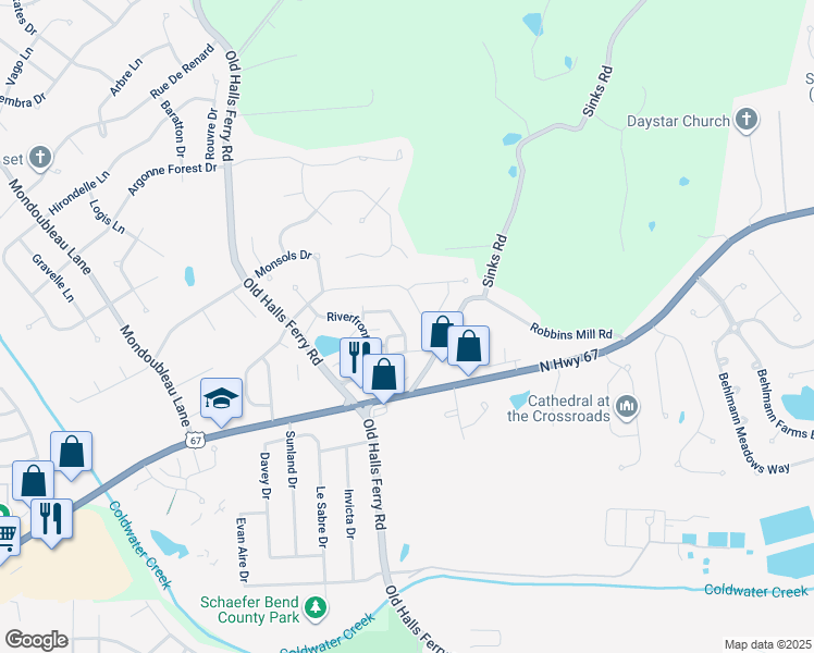 map of restaurants, bars, coffee shops, grocery stores, and more near 14221 Cape Horn Place in Florissant