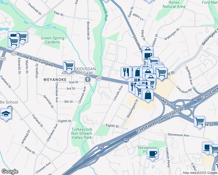 map of restaurants, bars, coffee shops, grocery stores, and more near 4905 Fran Place in Lincolnia