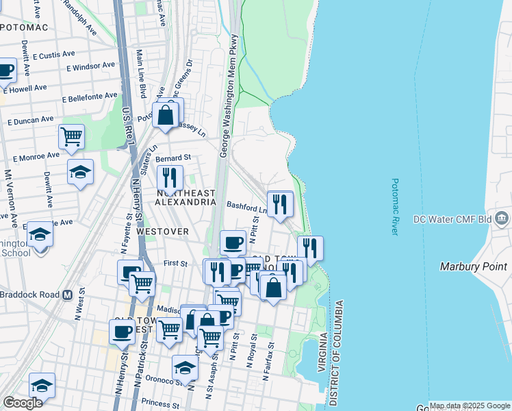 map of restaurants, bars, coffee shops, grocery stores, and more near 523 Bashford Lane in Alexandria