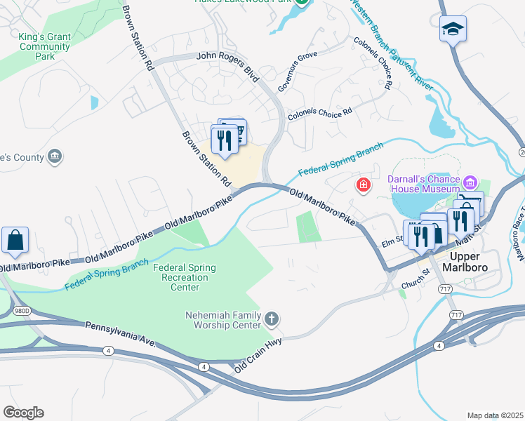 map of restaurants, bars, coffee shops, grocery stores, and more near 14123 Spring Branch Drive in Upper Marlboro