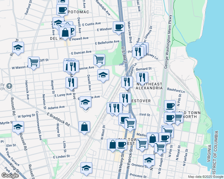 map of restaurants, bars, coffee shops, grocery stores, and more near 1314 Main Line Boulevard in Alexandria
