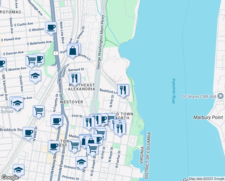 map of restaurants, bars, coffee shops, grocery stores, and more near 527 Bashford Lane in Alexandria