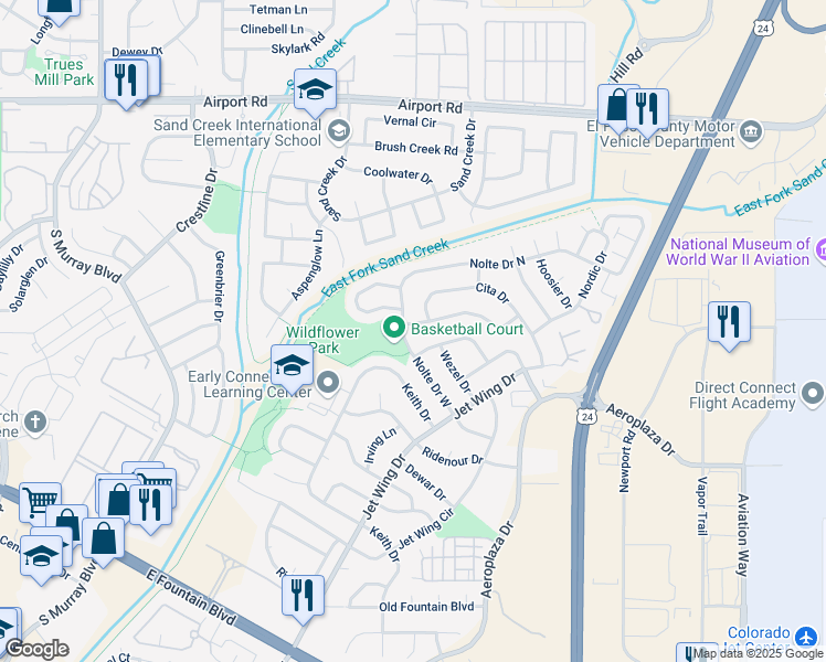 map of restaurants, bars, coffee shops, grocery stores, and more near 4935 Ivor Drive in Colorado Springs