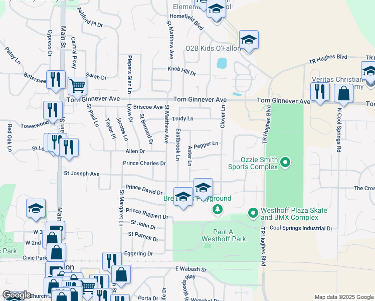 map of restaurants, bars, coffee shops, grocery stores, and more near 707 Aster Lane in O'Fallon