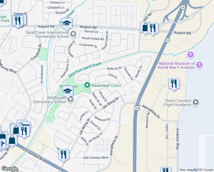 map of restaurants, bars, coffee shops, grocery stores, and more near 5020 Wezel Circle in Colorado Springs
