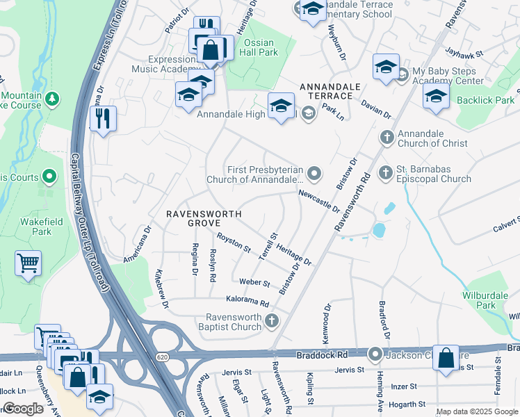 map of restaurants, bars, coffee shops, grocery stores, and more near 4912 Heritage Court in Annandale