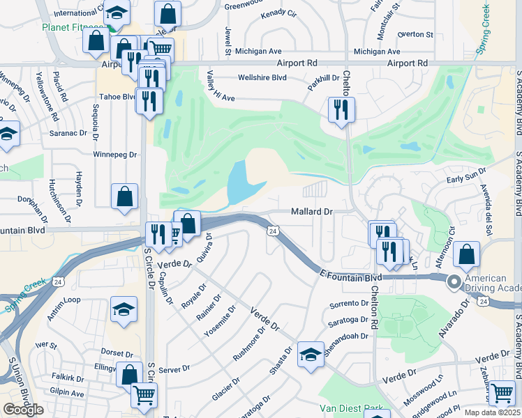 map of restaurants, bars, coffee shops, grocery stores, and more near 2948 Mallard Drive in Colorado Springs