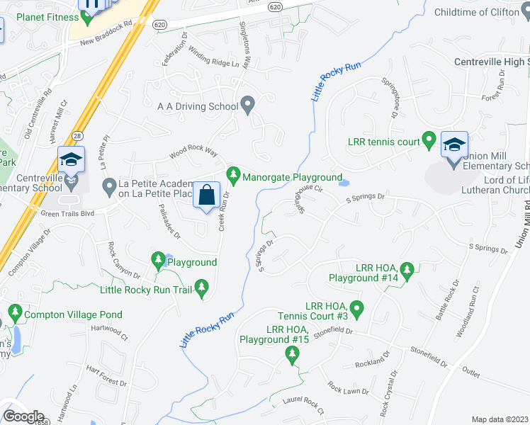 map of restaurants, bars, coffee shops, grocery stores, and more near 13914 Springhouse Court in Clifton