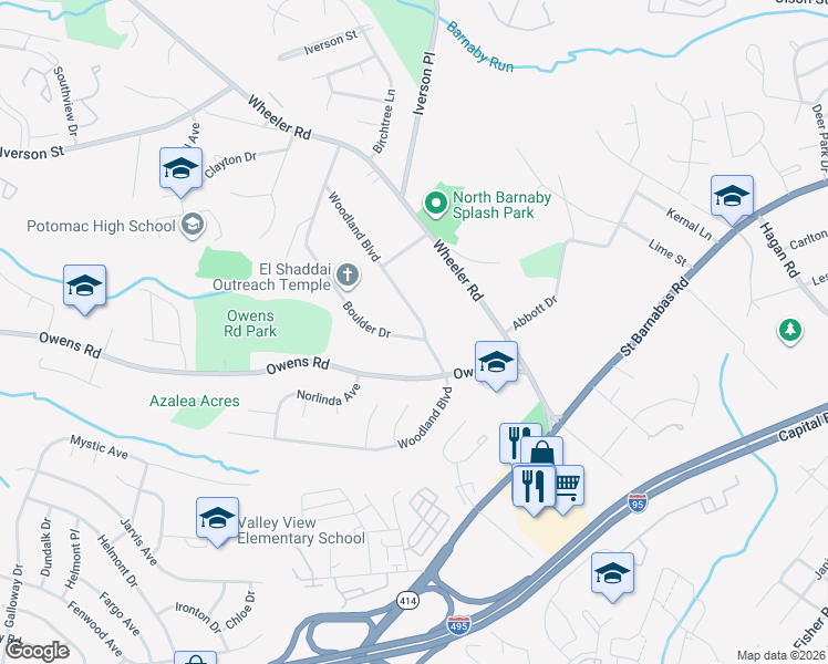 map of restaurants, bars, coffee shops, grocery stores, and more near 5115 Woodland Boulevard in Oxon Hill