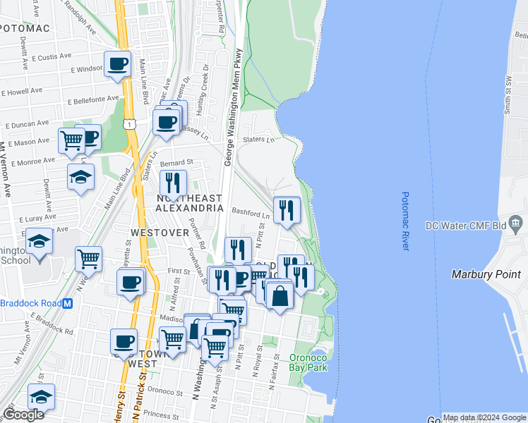 map of restaurants, bars, coffee shops, grocery stores, and more near 501 Bashford Lane in Alexandria