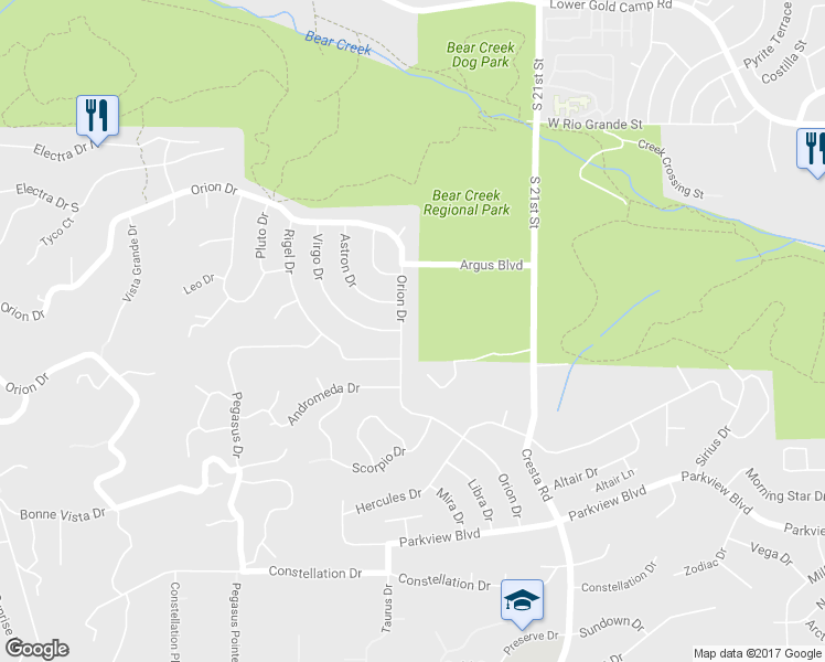 map of restaurants, bars, coffee shops, grocery stores, and more near 617 Orion Drive in Colorado Springs