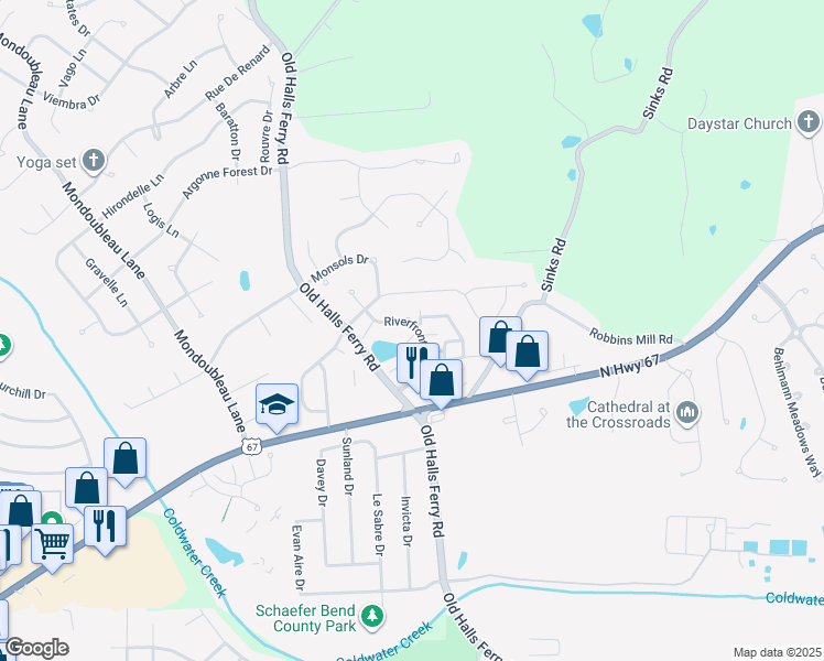 map of restaurants, bars, coffee shops, grocery stores, and more near 4129 Gulf Shore West in Florissant