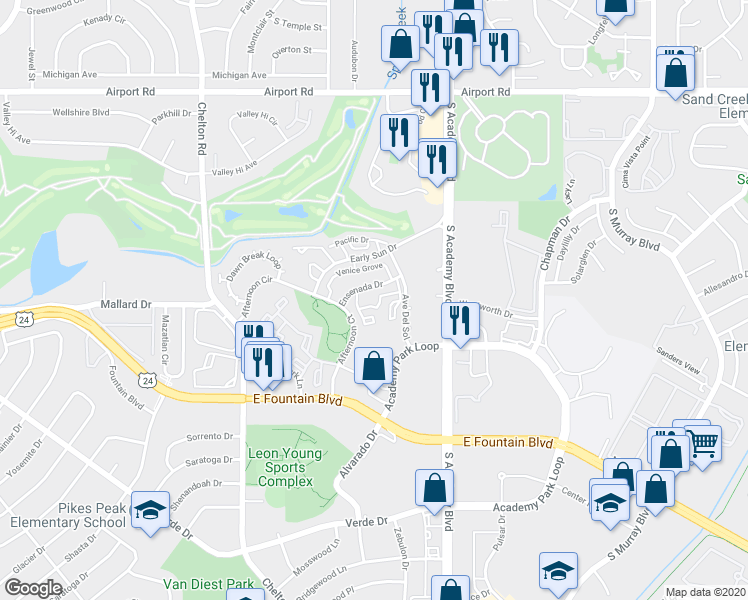 map of restaurants, bars, coffee shops, grocery stores, and more near 926 Acapulco Court in Colorado Springs