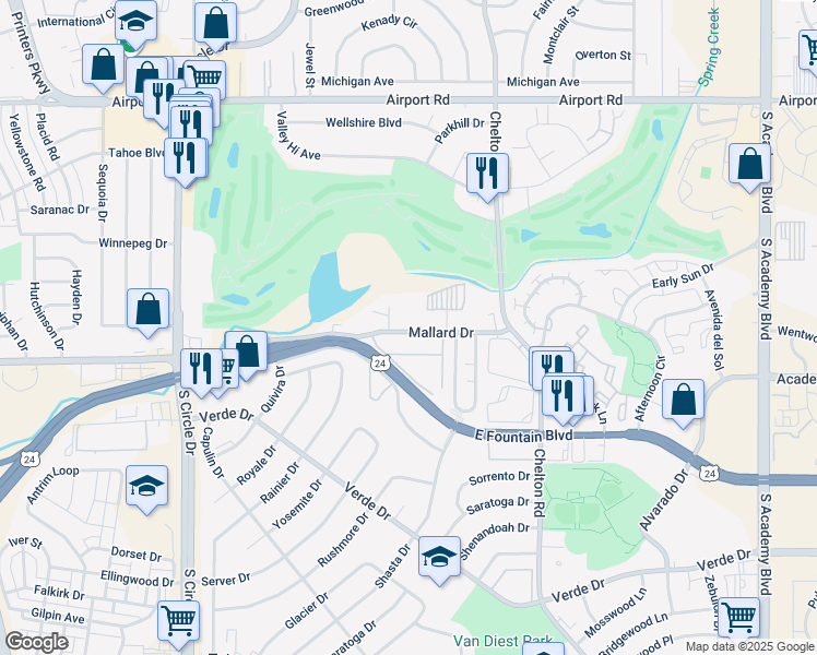map of restaurants, bars, coffee shops, grocery stores, and more near 915 Teal Court in Colorado Springs