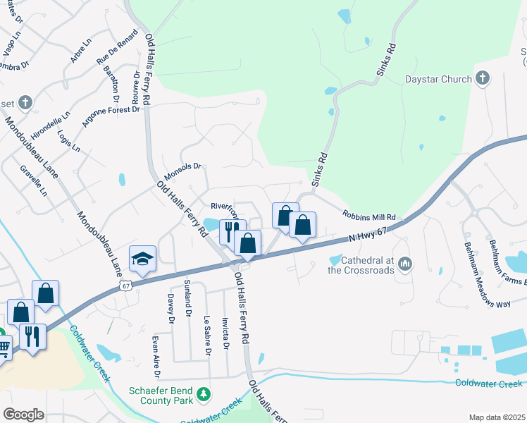 map of restaurants, bars, coffee shops, grocery stores, and more near 14221 Cape Horn Place in Florissant