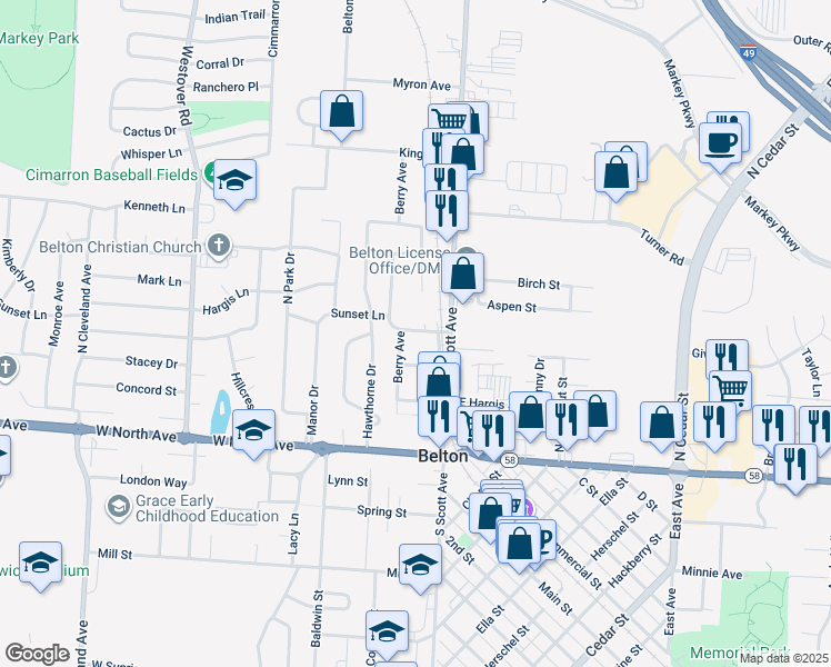 map of restaurants, bars, coffee shops, grocery stores, and more near 117 Carnegie Street in Belton