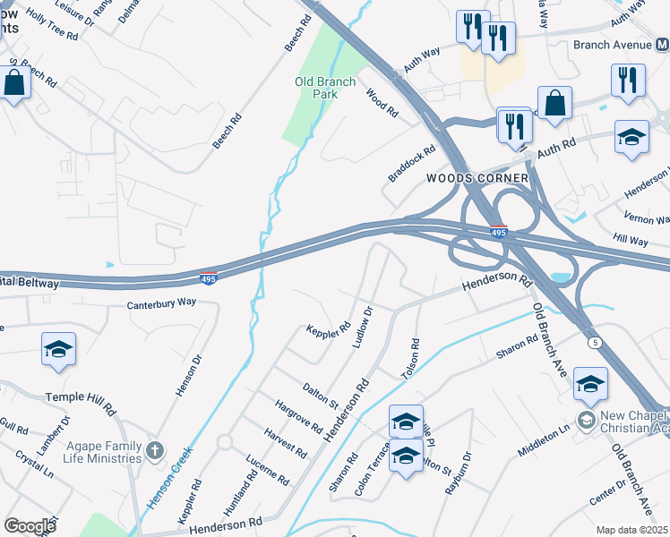 map of restaurants, bars, coffee shops, grocery stores, and more near 4502 Hargrove Road in Temple Hills