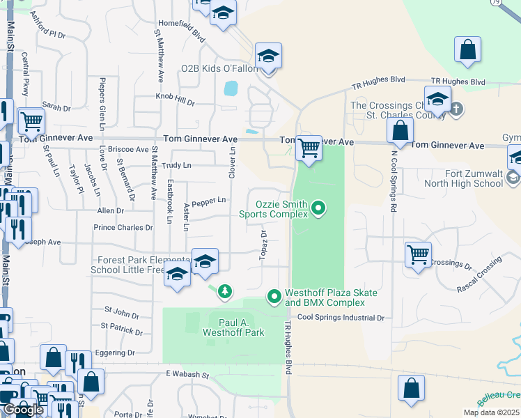 map of restaurants, bars, coffee shops, grocery stores, and more near 16 Moonstone Court in O'Fallon