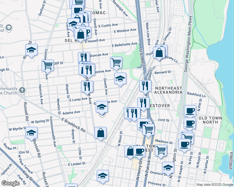 map of restaurants, bars, coffee shops, grocery stores, and more near 544 East Luray Avenue in Alexandria
