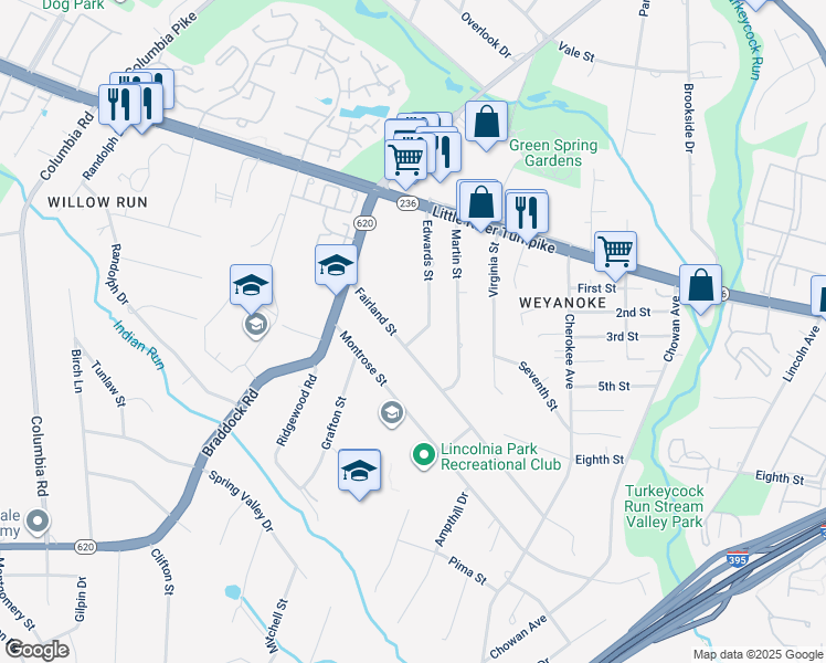 map of restaurants, bars, coffee shops, grocery stores, and more near 6520 Fairland Street in Alexandria