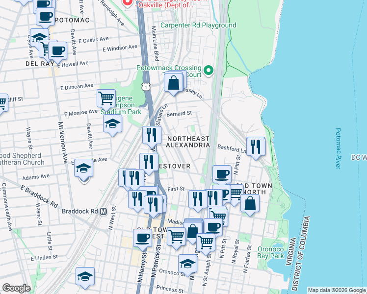 map of restaurants, bars, coffee shops, grocery stores, and more near 101 Independence Avenue Southeast in Washington