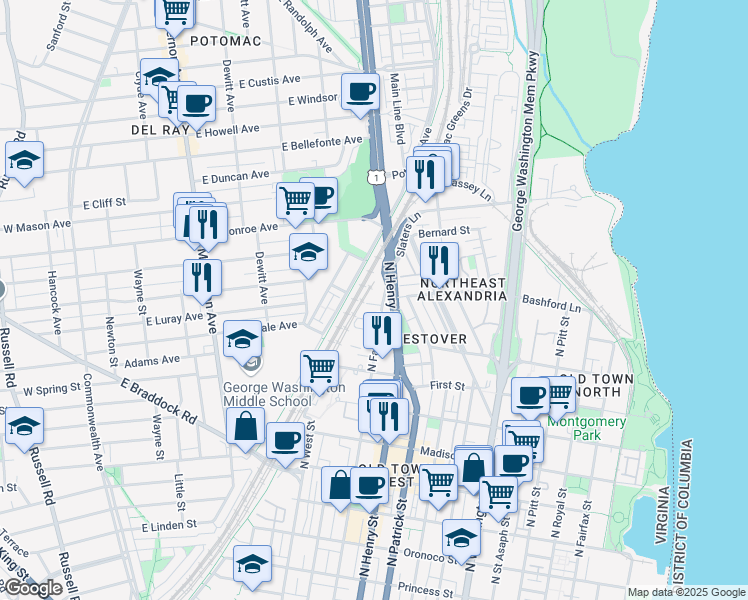 map of restaurants, bars, coffee shops, grocery stores, and more near 101 Independence Avenue Southeast in Washington