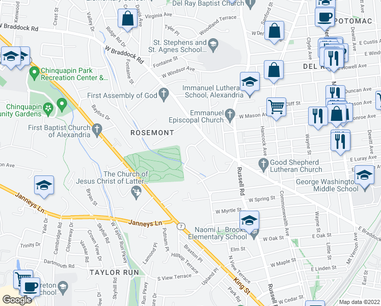 map of restaurants, bars, coffee shops, grocery stores, and more near 1409 Ruffner Road in Alexandria