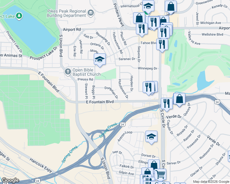 map of restaurants, bars, coffee shops, grocery stores, and more near 2212 Doniphan Drive in Colorado Springs