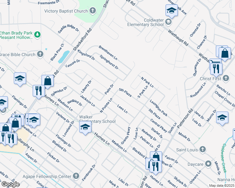 map of restaurants, bars, coffee shops, grocery stores, and more near 1175 Central Parkway in Florissant