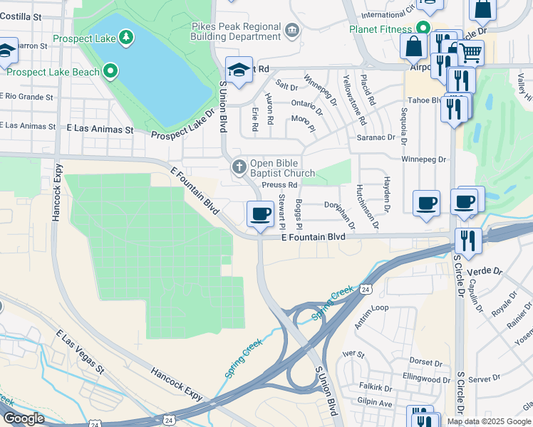 map of restaurants, bars, coffee shops, grocery stores, and more near 955 South Union Boulevard in Colorado Springs