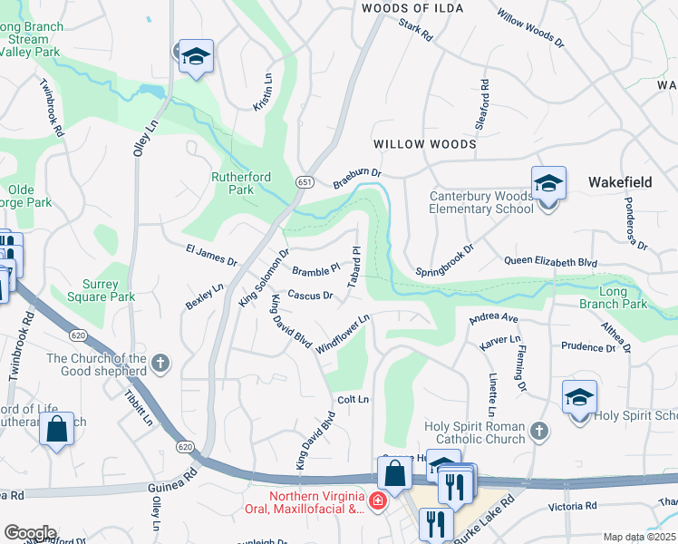 map of restaurants, bars, coffee shops, grocery stores, and more near 9105 Bramble Place in Annandale