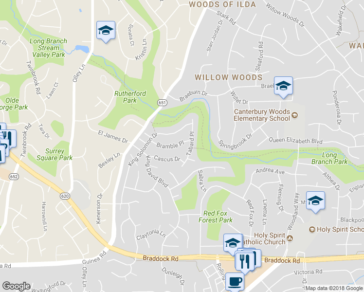 map of restaurants, bars, coffee shops, grocery stores, and more near 9105 Bramble Place in Annandale