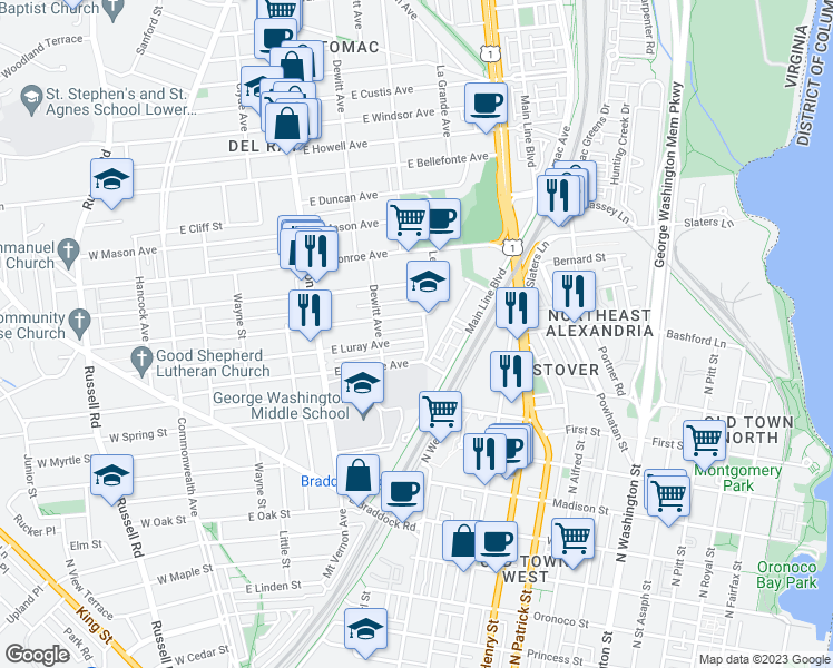 map of restaurants, bars, coffee shops, grocery stores, and more near 544 East Luray Avenue in Alexandria