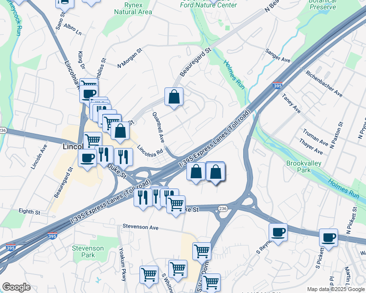 map of restaurants, bars, coffee shops, grocery stores, and more near 5801 Quantrell Avenue in Alexandria